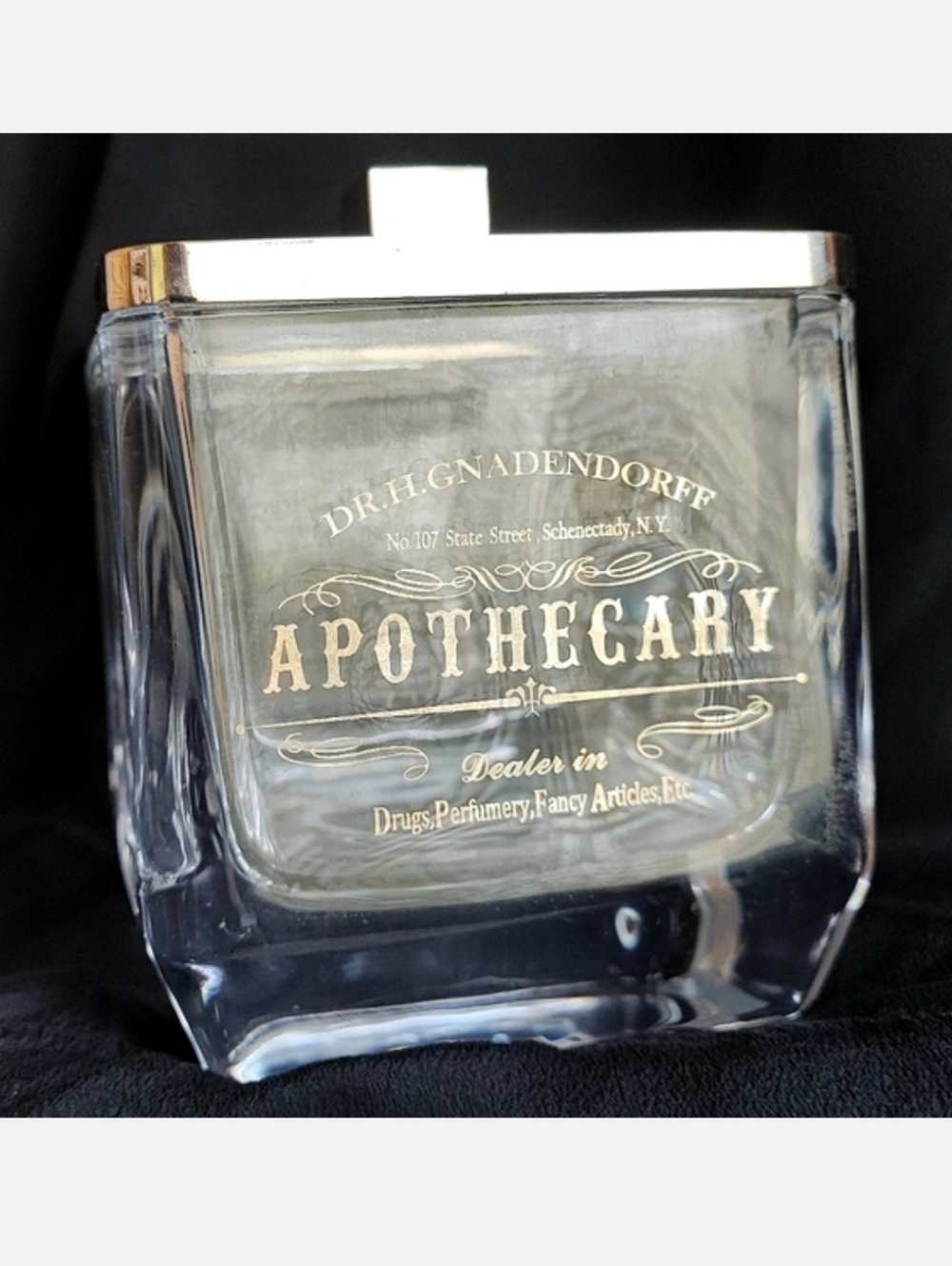 Heavy Glass Reproduction Apothecary Bath Jar Chrome Square Lid Metallic Writing